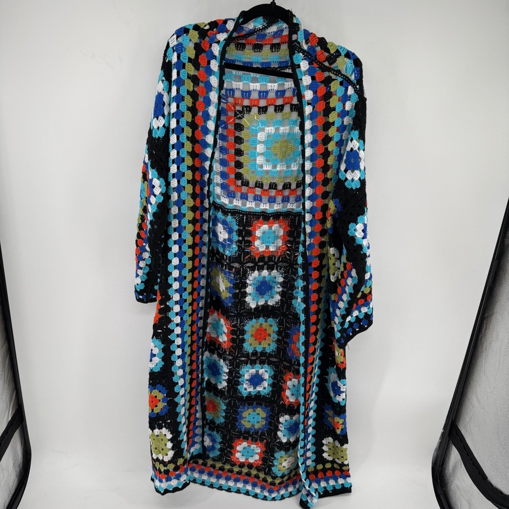 POL Crochet Duster Cardigan Womens OS Multicolor Granny Square Boho Festival